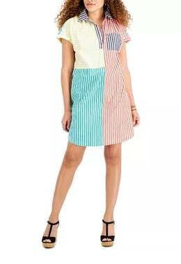 Style & Co. Mixed Color Stripe Oversized Shirt Dress, Sz S